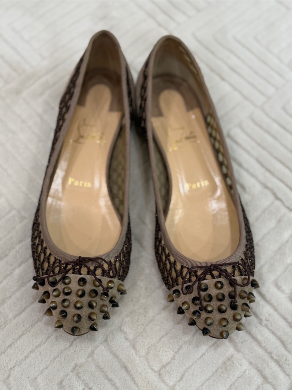 Christian Louboutin Taupe Studded Mesh Ballet Flats